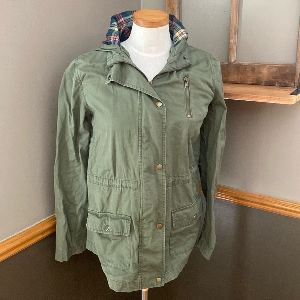 Mine olive green & plaid utility jacket with hood size large